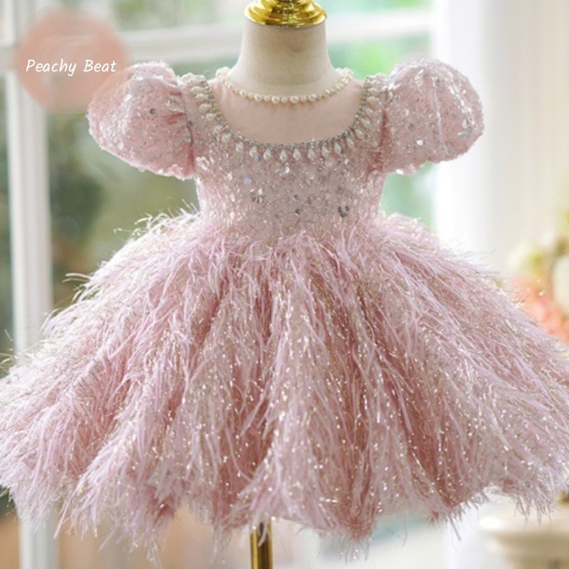 Musical Instrument For Babies - 女の赤ちゃんのためのスパンコールフェザードレス,ふくらんでいる袖,真珠の服,誕生日パーティー,ファッション,2〜14歳