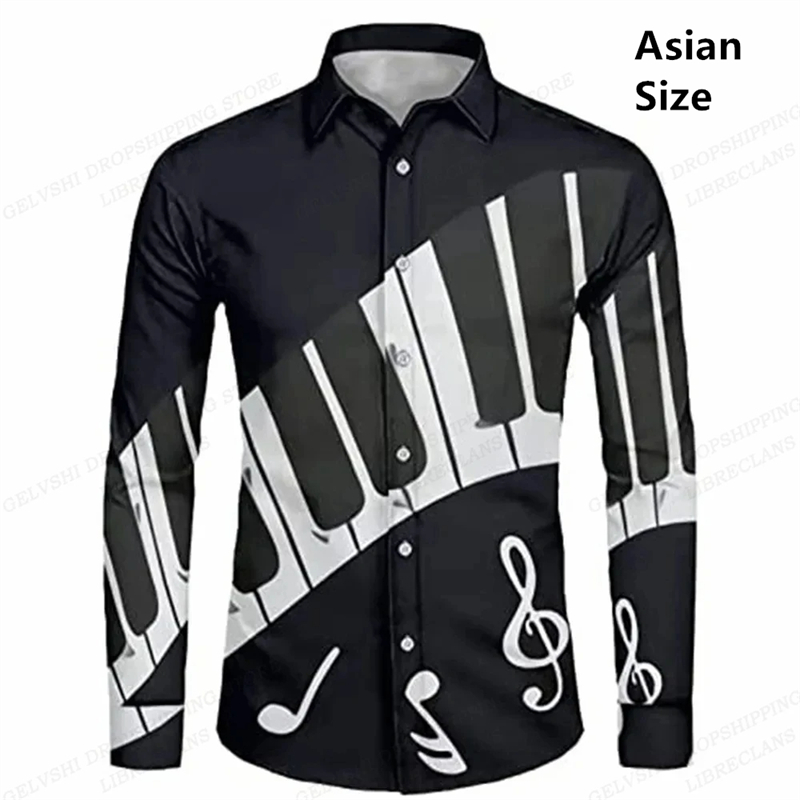 Musical Instrument Hawaii - 黒長袖ハワイアン男性シャツファッション音楽ハワイシャツ楽器ビーチブラウスシングルブレスト Camisas 紳士服